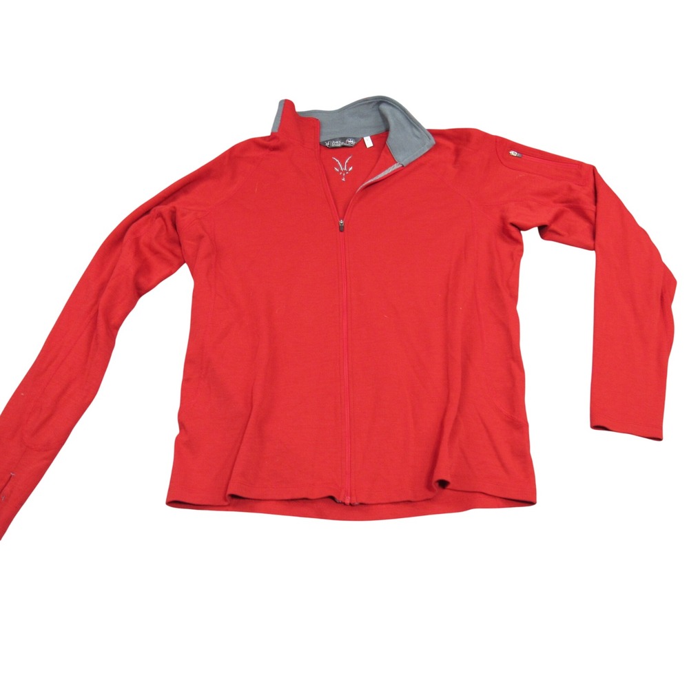 Ibex Merino Wool Full Zip Sweater Mens Large Red Grey Thumbhole Shoulder Pocket